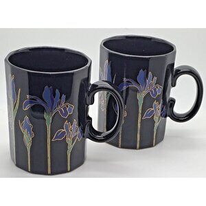 Otagiri Mug Blue Iris Flowers Black Gold Accents  Coffee Tea Mug Cup Japan x 2